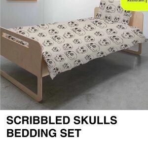 nununu Black and White Skull Duvet Cover, pillow case, and fitted sheet.